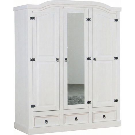 New Mexico Kleiderschrank 3 türig mit einer Spiegeltür, 2 getäfelten Türen und 3 Schubladen in weiß, gewachst.