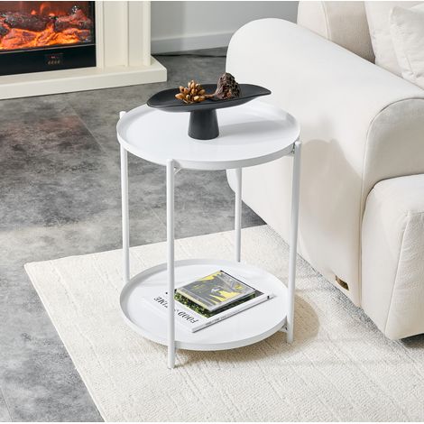 Table d’appoint ronde 42x42x52 cm blanche, 2 niveaux avec rangement, MDF et métal, MEUBLIV