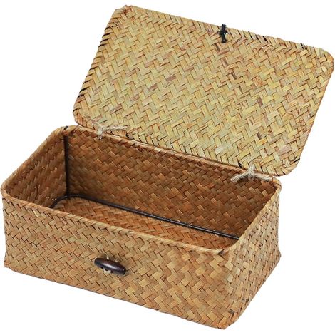 Petit panier osier avec couvercle, boîte de rangement en herbe marine naturelle tressée à la main, panier décoratif éco-durable pour salle de bain, maison et coffret cadeau. (1/5)