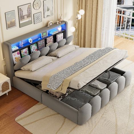 Polsterbett 180x200 mit Stauraum und LED Beleuchtung, Doppelbett aus grauem Samt mit hydraulischem Bettkasten und USB-Anschluss (1/5)