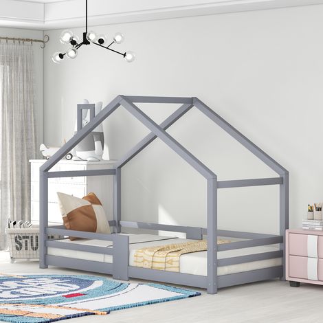 Lit cabane enfant avec cheminée antichute, 90 x 200 cm, Sommier à lattes robuste en Pin - Sans matelas, Gris (1/5)
