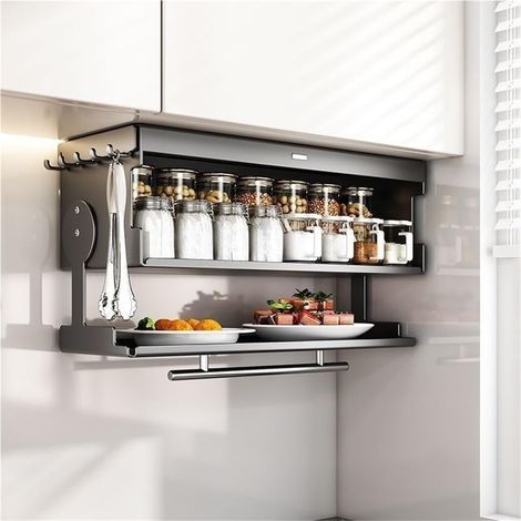 Double-layer folding storage cabinet, carbon steel wall-mounted storage cabinet with food prep tray, floating shelves with hooks for kitchen (grey) (1/4)