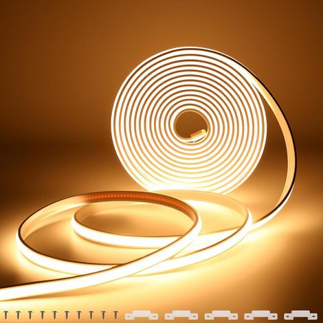 Bande LED COB blanc chaud 5m 24V, sans adaptateur, dimmable, IP67, bande lumineuse flexible en silicone auto-adhésive ultra-lumineuse pour cuisine et décoration intérieure/extérieure, IRC 90+ (1/5)