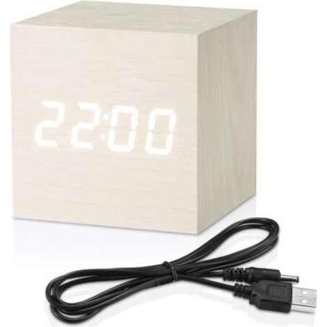 This white digital alarm clock is a mini wooden cube with a modern design, featuring an LED light that displays the time, date, and temperature. It's ideal for children's rooms, bedrooms, homes, and m (1/5)