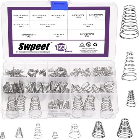 Lot de 123 ressorts coniques en acier inoxydable de 10 tailles 0,3/0,5/0,7/0,8/1 - Assortiment de ressorts coniques en métal - Petits ressorts de compression pour réparation (1/5)