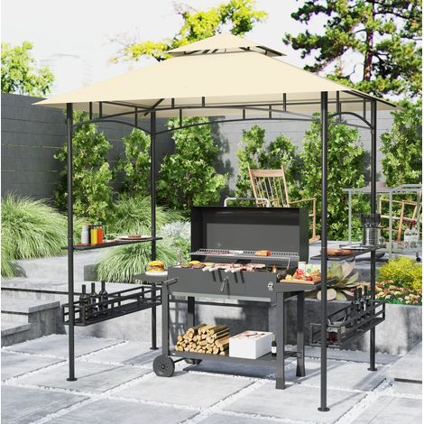 Pabellón jardín BBQ con doble techo y estantes beige HAVRYA (1/4)