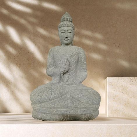 Statue jardin zen bouddha assis en pierre naturelle offrande et chapelet 1m20 (1/4)