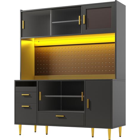 Aparador alto negro 140 x 40 x 180 cm con LED, pared perforada y puertas correderas HOMVRA (1/4)