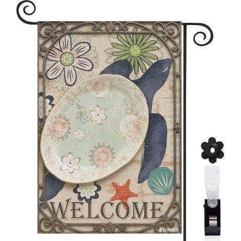 Drapeau de jardin tortue et motif floral 30 x 45 cm décoration terrasse et extérieur (1/5)