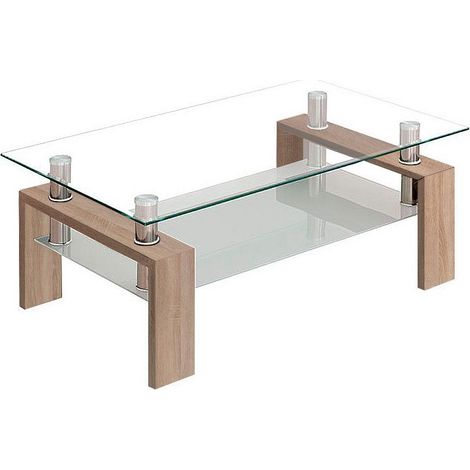 Home Heavenly®- Mesa de centro Kendra de madera y cristal templado anti-roturas, líneas sobrias, diseño lineal minimalista Color: Roble (1/5)