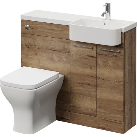 Napoli 250 Tobacco Oak 1000mm 2 Door Vanity Unit Toilet Suite with Right Hand Round Rico Semi Recessed Basin - 1000mm - Chrome 160mm HandleWith Kingston Toilet Pan and Seat