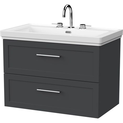 Stonnall Traditional Wall Hung 2 Drawers Vanity Unit with Traditional 3 Tap Hole Fireclay Basin, 800mm, Dark Grey (1/4)