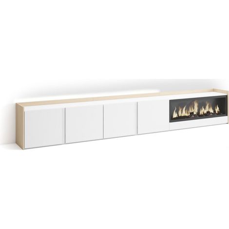 Skraut Home - Mueble TV, Televisión, Muebles de salón, almacenaje, 315x35x50cm, Para TV hasta 80", Chimenea eléctrica XXL, LED, Estilo Moderno, Blanco y roble soft (1/5)