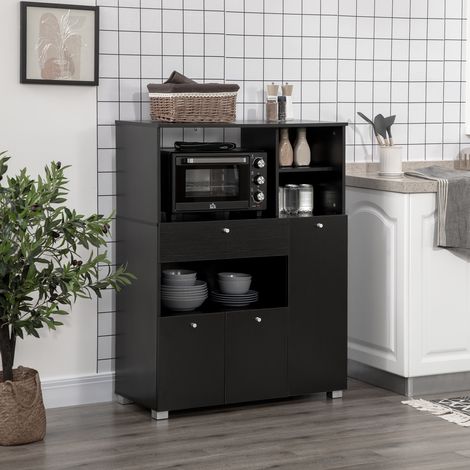 Meuble micro-ondes avec tiroir, étagères, 3 portes, 3 compartiments, conception anti-basculement pour salle à manger, 90 x 40 x 120 cm, noir