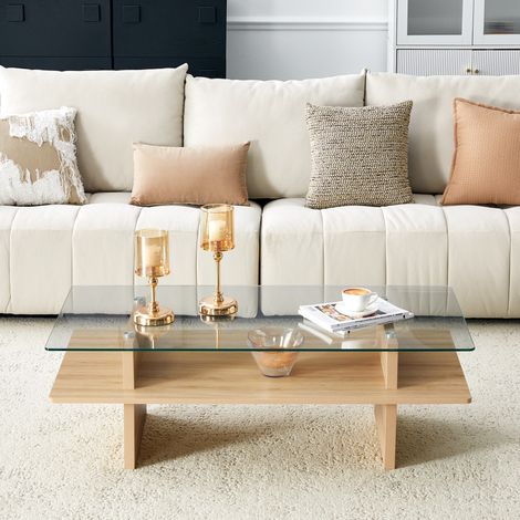 Table basse moderne double couche en verre trempé et MDF à deux couches,finition bois naturel,avec cadre robuste pour bureau de salon (1/5)