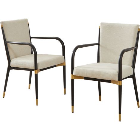 Set de 2 sillas de comedor con reposabrazos, tapizadas en tejido beige, estilo nórdico (1/5)
