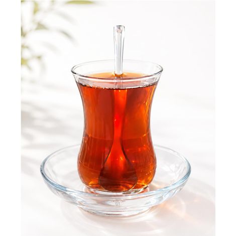 Service à thé turc 18 pièces Jasmin-Sultan avec effet visuel, 6 verres à thé, 6 sous-verres, 6 cuillères à café, kit complet pour 6 personnes (1/5)