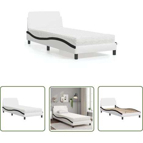 The Living Store Bett mit Matratze Weiß und Schwarz 90x190 cm Kunstleder - Schlafzimmer Möbel - Doppelbett - Boxspringbetten - Betten Mit Matratze - Gästebett (1/5)