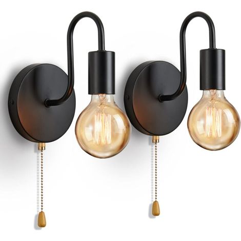 Applique Murale Industrielle Interieur 2 Pack, Lampe Murale Tirette Vintage Fer Industriel Avec Interrupteur, Noir, Salle De Bain Chambre Couloir, E27 (1/5)