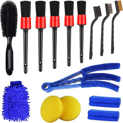 Kit de nettoyage automobile 15 pièces - Brosses métalliques, brosse pour jantes, brosse de ventilation, gant de lavage - Kit de nettoyage tout-en-un pour l'intérieur, l'extérieur et le tableau de bord (1/4)
