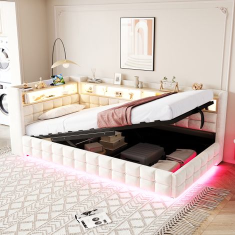 Letto/divano letto imbottito multifunzionale 90 × 200 cm, con vano contenitore idraulico, ripiano in legno, striscia LED, presa di corrente, porte di ricarica USB e Type-C, struttura di supporto a dog (1/5)