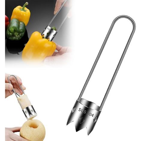 Descorazonador de frutas universal de acero inoxidable, nuevo descorazonador de frutas y verduras 2024, descorazonador de semillas de pimiento rojo, descorazonador de frutas de acero inoxidable para f (1/4)