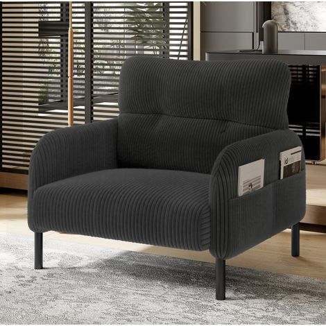 Poltrona singola in corduroy grigio con seduta profonda, schienale ergonomico e tasca laterale (1/5)