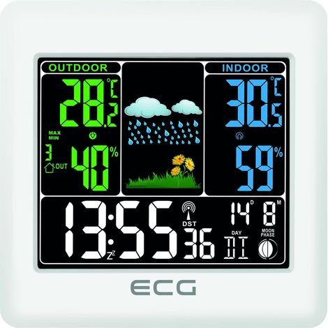 ECG MS 300 - Stazione meteo multifunzione con sensore esterno radio, previsioni meteo per 1 giorno, termometro, igrometro, per interni ed esterni (display a colori), colore: Bianco S (1/4)