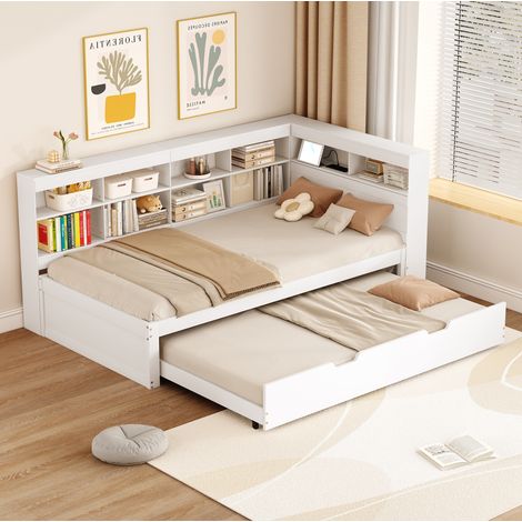 Letto singolo bambini 90x200 cm in legno con letto aggiuntivo 90x190 cm, presa USB e vano portaoggetti, bianco