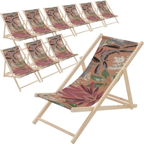 ECD Germany 10er Set Liegestuhl klappbar Floral Braun-Rot-Grün, Strandliege aus Holz, Sonnenliege mit verstellbarer Rückenlehne, Strandstuhl bis 120kg Gartenliege Relaxliege für Garten Balkon Terrasse