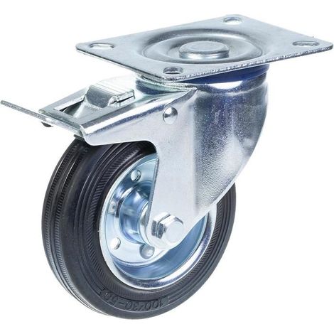 Drehbare Rolle - 100mm - Schwarzer Gummi - Fußbremse - Gestanzter Stahl
