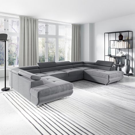 Petits-Meubles – Canapé en U 5 places convertible avec coffre – Tissu velours hydrofuge – Appuie-têtes réglables – Dimensions 335x201x72 cm – Couchage 252x125 cm (1/4)