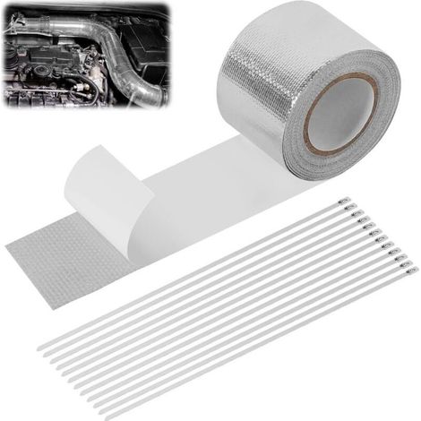 Bande de protection contre la chaleur pour pot d'échappement - 10 m x 5 cm - Autocollant avec 12 serre-câbles - Kit de réparation pour collecteur d'échappement de voiture et moto (1/5)