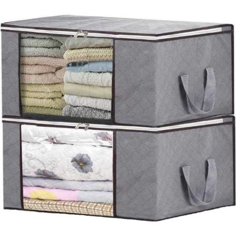 Sac de rangement et organisateur pour couette et vêtements - Pliable - Gris - Lot de 2 (1/4)