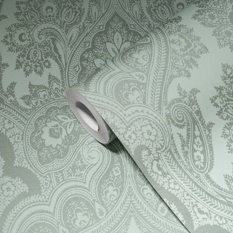 A.S. Creations – Papier peint baroque vert clair à paillettes – Motif damassé moderne – Intissé pour chambre – Application facile avec colle (1/7)