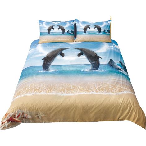 Parure de lit 220x240cm 2 personnes dessin de dauphins 3D effet 3 pieces 1 housse de couette et 2 taies d'oreiller 63x63cm (1/5)