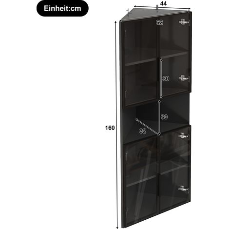 Vitrine d'angle triangulaire 62x32x160 cm noire - Armoire d'angle avec façade en verre, éclairage LED, zone ouverte centrale - Présentoir pour objets de collection, verres et décoration - Meuble vitré (1/5)