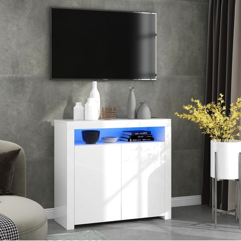 Weiße TV-Kommode mit LED, 2 Türen, offene Fächer, Hochglanz 108 x 40 x 92 cm HAVRYA (1/5)