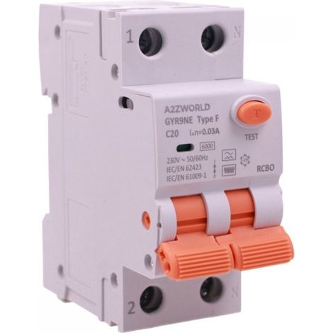 RCBO Interruttore Magnetotermico Differenziale Tipo F Curva C 1P+N 2M 6000A 30mA AC 230V IP20 Corrente Disponibili 6A 10A 16A 20A 25A 32A 40A 50A 63A (C20A)