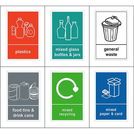 Lot de 6 étiquettes Autocollantes pour Poubelle de Recyclage/Alimentaire/Plastique/Papier mélangé et Carte/Verre mélangé/déchets généraux 6 Autocollants (A6-100 x 150 mm) (1/5)