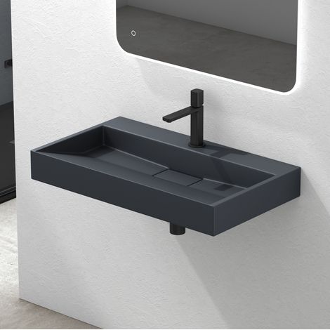 Mai & Mai Lavabo Suspendu Gris Noir Mat 70x46x11cm Vasque à Poser Rectangulaire avec Perçage pour Robinet avec Bonde et Cache Bonde Col19