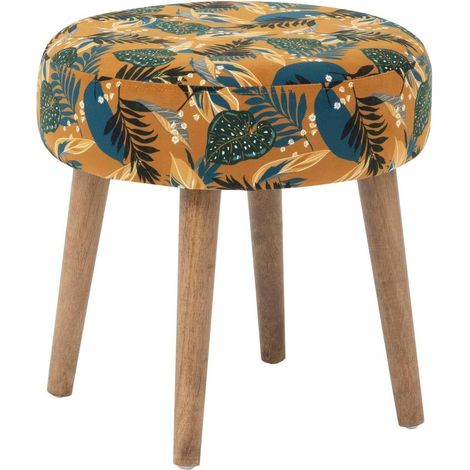 Tabouret d'appoint Sango couleur ocre tropical, 38 x 40 cm, velours et pieds en bois, idéal pour le salon, la chambre ou un style bohème. (1/3)