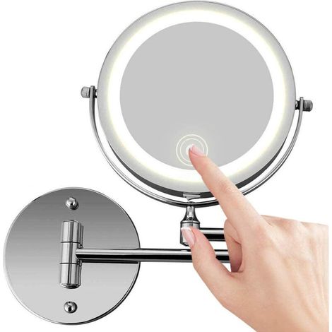Wall-Mounted Makeup Mirror, Double-Sided LED Lighted Vanity Mirror with 10X Magnification for Bathroom, 350° Rotating, USB Rechargeable and 7" Extendable Arm, Chrome (1/5)