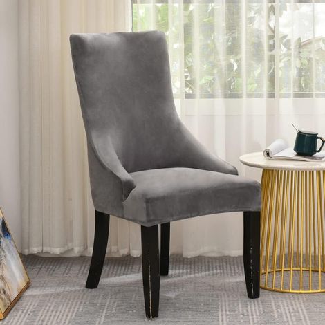 Velvet side chair cover with winged back - For kitchen, dining room, banquet decoration - Chair not included (grey) (1/5)