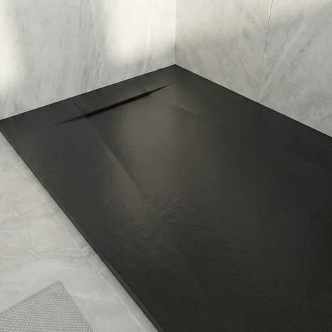 PixL 120x90 cm rechteckige Duschwanne BMC für Aufsatzmontage mit Steineffekt-Oberfläche, schwarz (CERAPX12090B)