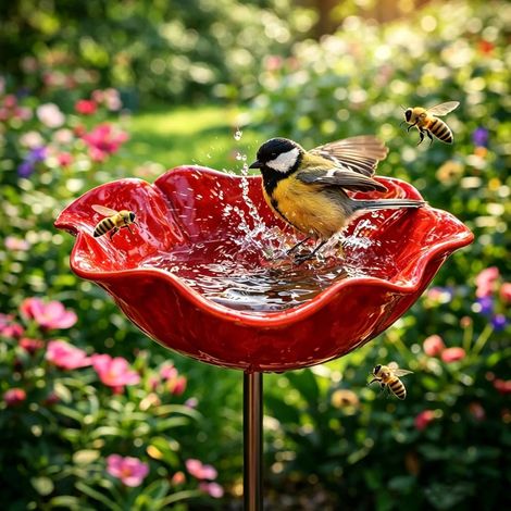 Bain d'oiseaux Abreuvoir Abeilles en Métal Motif Fleur Station d'Abreuvement Extérieur Résistante Intempéries pour Jardin Décoration Artisanale Élégante (Red) (1/5)