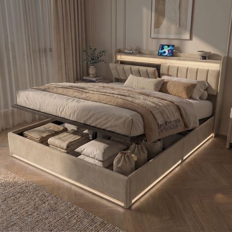 Lit coffre double 140x190 cm, lit adulte avec RGB LED et ports USB, tête de lit avec rangement, sommier, velours, moderne, Beige (1/5)