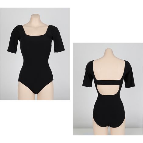 Maillot de bain une pièce à manches courtes pour femme, dos nu et effet push-up, idéal pour les sources thermales et la plage, noir, taille XL. (1/5)
