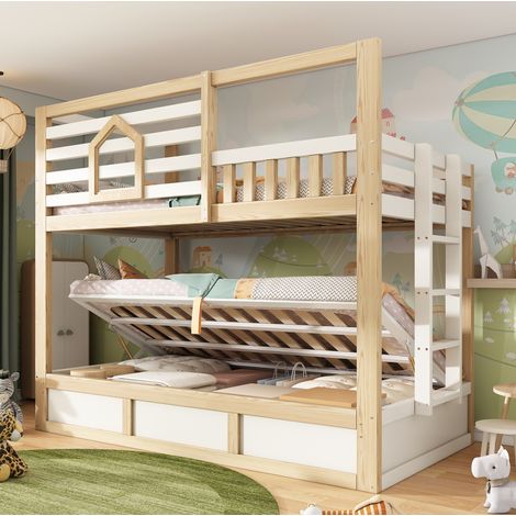 Cama litera 90x200 cm - Cama arca - Con somier de lamas, barandillas de seguridad y escalera - De madera - Blanco y roble (1/5)