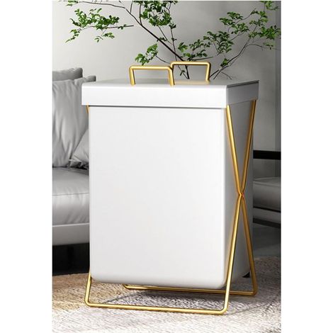 Panier à linge pliable X-Frame avec trieur de sacs en cuir – Cadre en métal noir/or, luxueux avec couvercle – Corbeille pour vêtements sales (1/4)